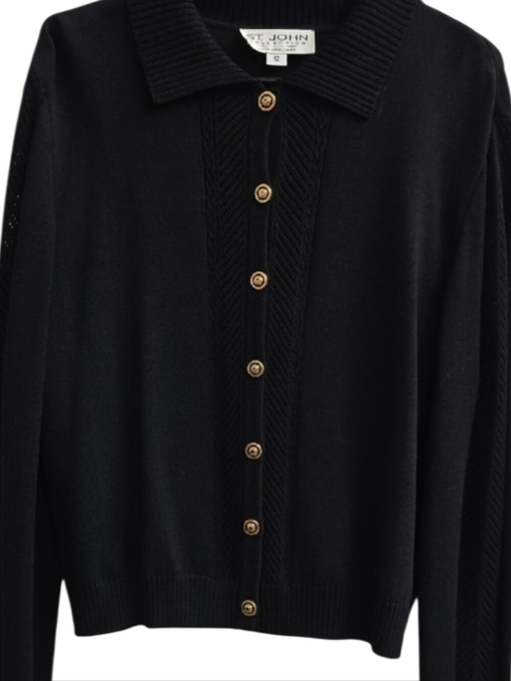 St. John Black Santana Knit Pointelle Cardigan Collar Sweater Size 12